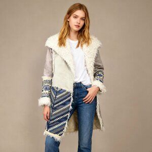 NWOT Johnny Was Fur & Faux Suede Floral Embroidered Coat Pockets Size S Grey